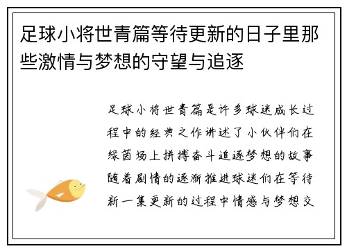 足球小将世青篇等待更新的日子里那些激情与梦想的守望与追逐